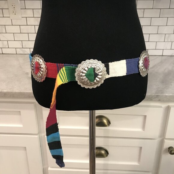Southwestern Concho Belt Womens Multicolor Woven Sash Silver Tone Boho Western - Picture 1 of 6
